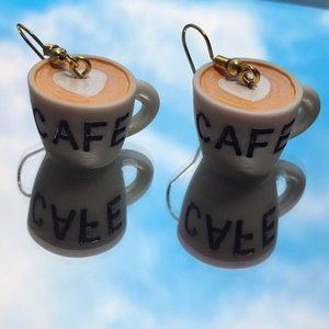 White Brown Cafe Latte Mug Cup Earrings